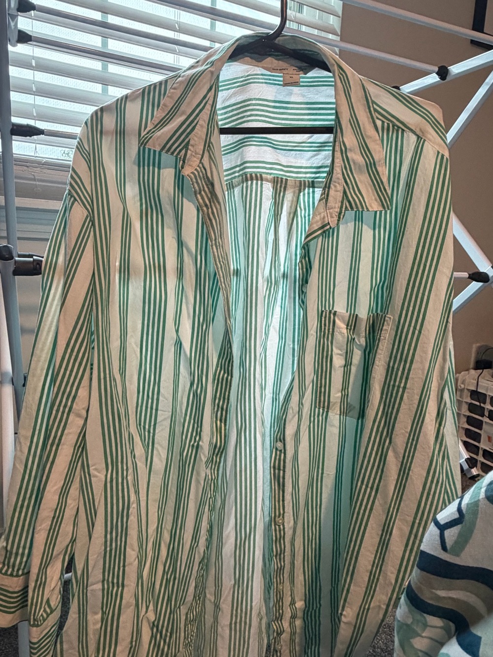 Woman's Green & White Striped Button-Up Shirt Boyfriend Shirt